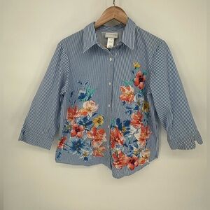 Alfred Dunner Size 14 Women’s Button Down Blue White Stripes Flowers Spring work